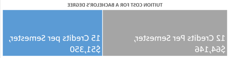 这张图表显示，每学期修12个学分的学生将支付61美元,530 in tuition cost for their degree; students taking 15 credits per semester would pay $49,他们的学位学费是225美元.